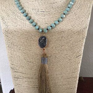 Green and Gold Beaded Tassel Necklace with Gray Amethyst (33")